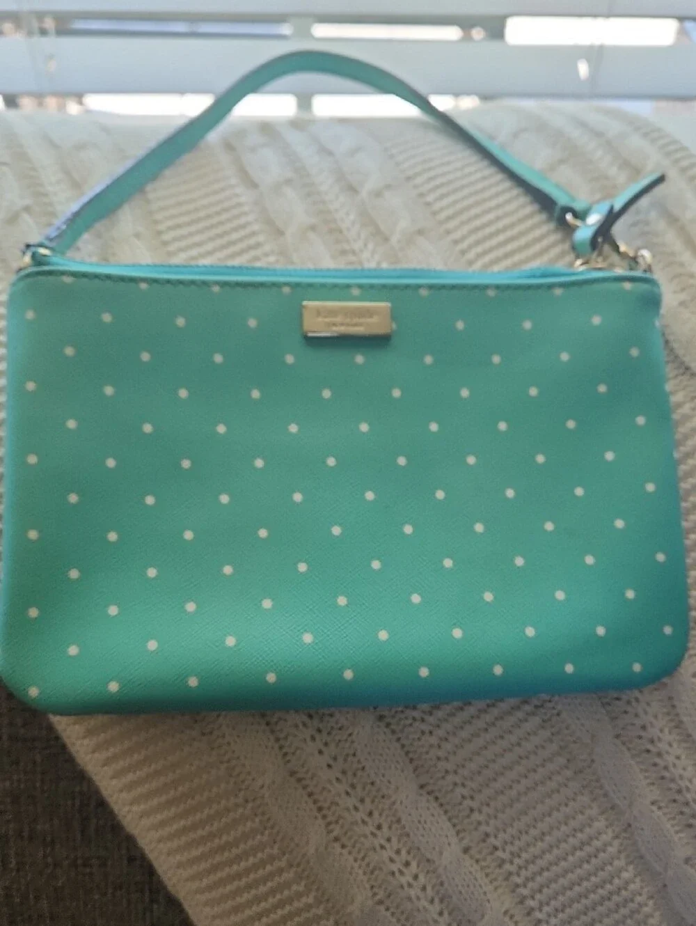 kate spade teal polka dot clutch/wristlet with strap